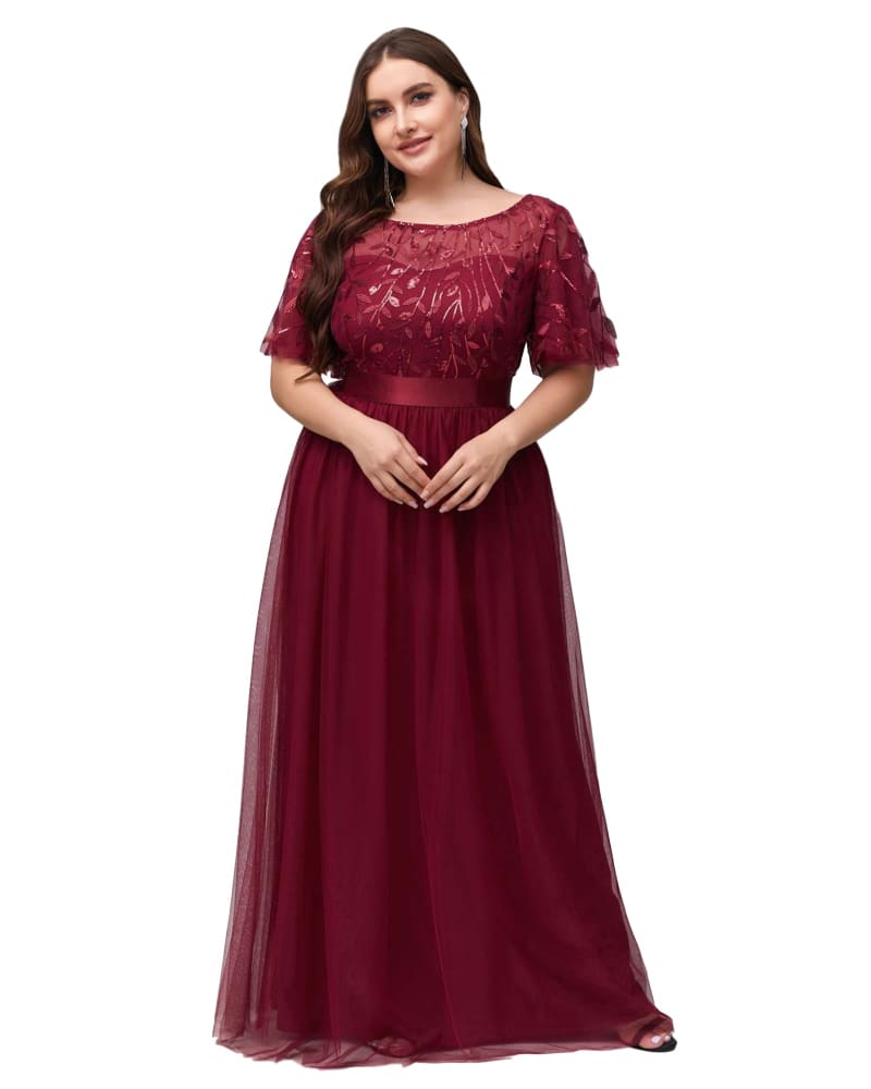 Front of a model wearing a size 20 Sequin Leaf Floor-length Evening Dress in Burgundy by Ever-Pretty. | dia_product_style_image_id:285141